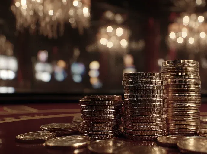 Vegas Now Casino AU bonuses Vegas Now Casino AU bonuses: stacks of casino coins on a table in a Vegas hall